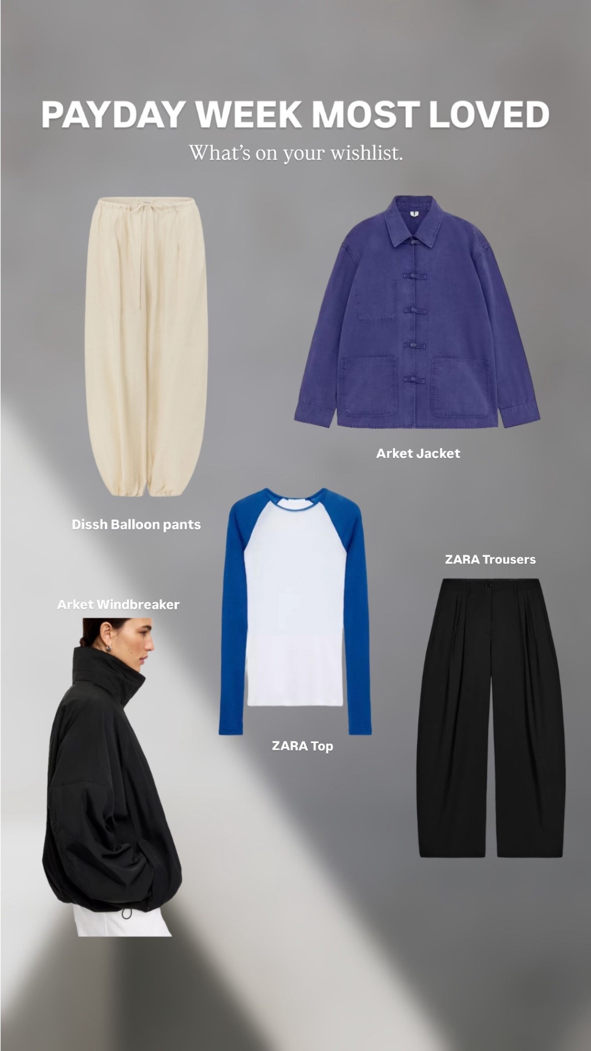 Payday week most loved 

This weeks top 5:

Dissh satin silk balloon trousers
Arket cobalt blue jacket - knit button overshirt
Zara contrast sleeve t-shirt
Zara barrel leg trousers
Arket funnel neck windbreaker nylon jacket 



#LTKspring #LTKsummer #LTKuk