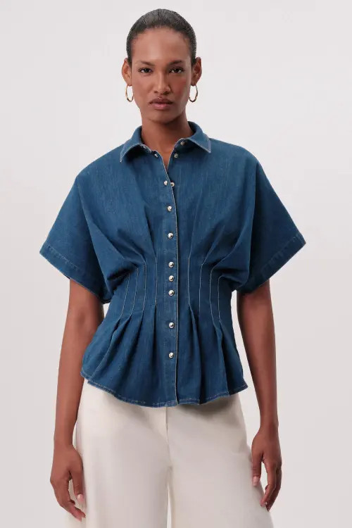 Exquise Marisa Collared Short Sleeve Denim Shirt in Blue at Nordstrom, Size Large | Nordstrom