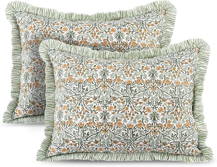 Ridhi Goldenrod Yellow 100% Cotton Block Print Ruffle Bed Sham Cover 20''×26'' Boho Floral Pillo... | Amazon (US)