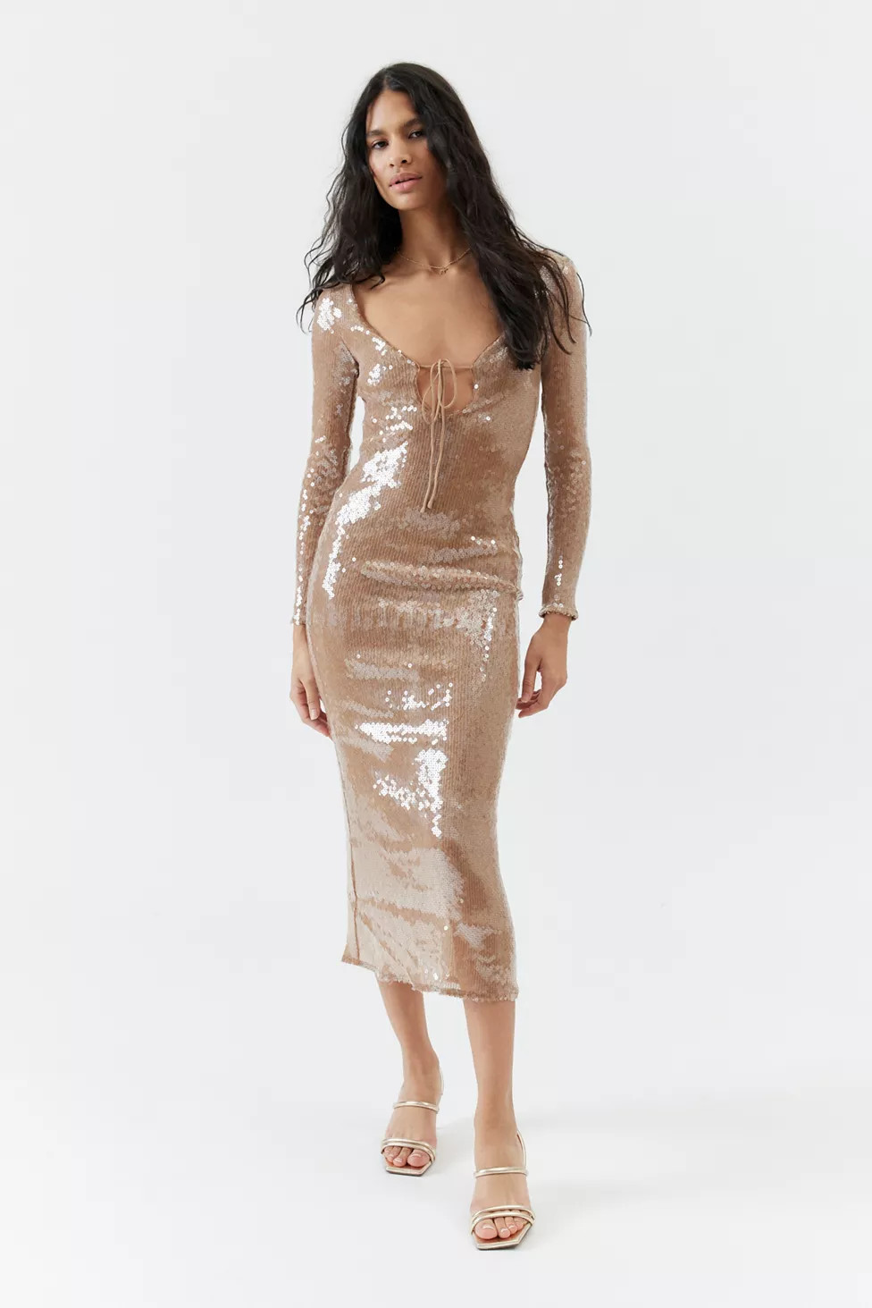 Bardot Verona Sequin Long Sleeve Midi Dress | Urban Outfitters (US and RoW)