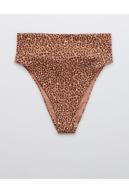 Aerie Ribbed Leopard High Cut Cheeky Bikini Bottom | American Eagle Outfitters (US & CA)
