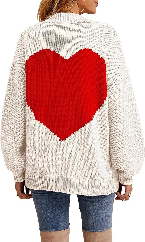 Women Knitted Heart Patch Open Front Long Sleeve Chunky Cardigan Sweater Loose Outerwear Coat | Amazon (US)