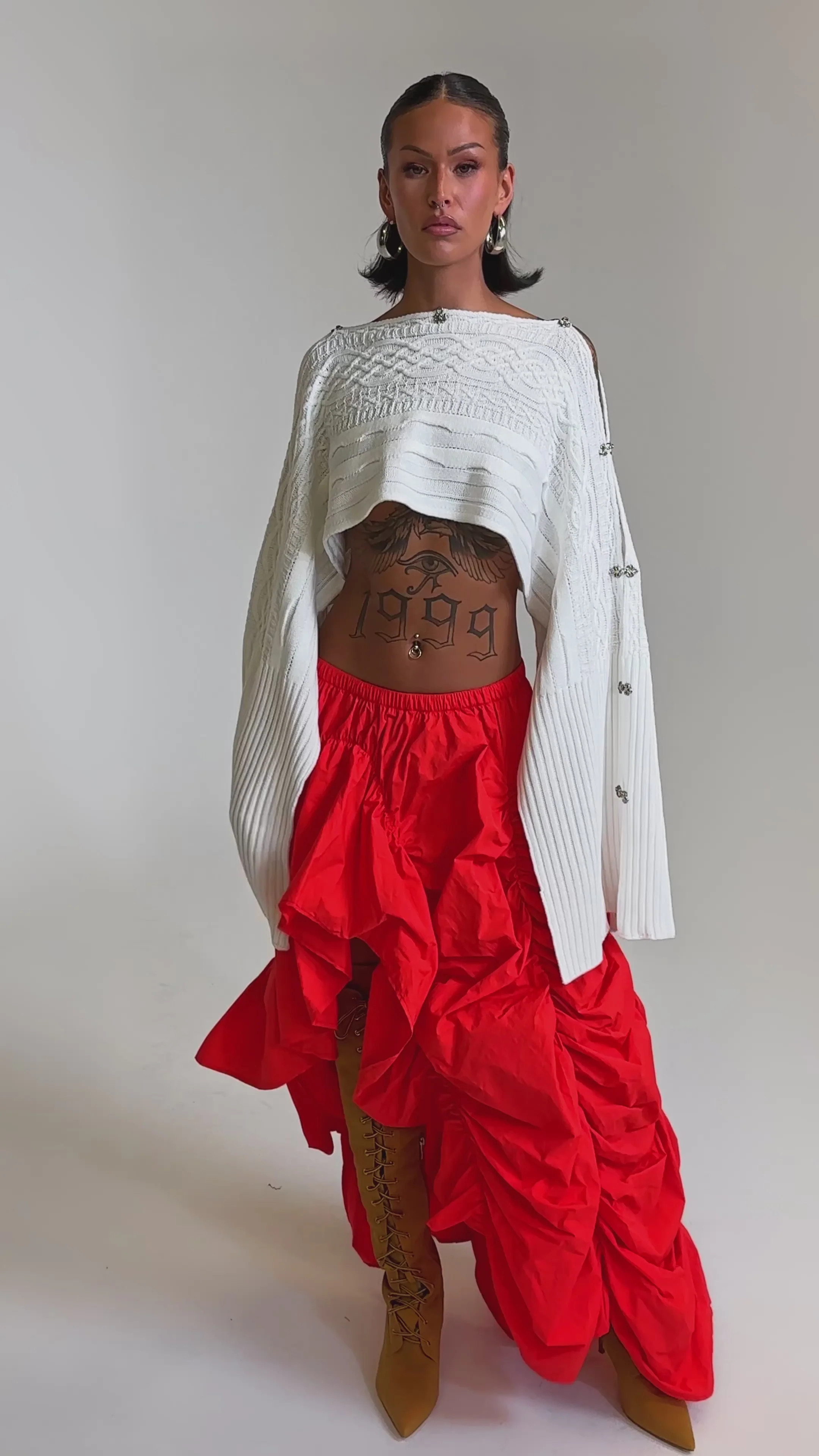 LETS CHANGE IT UP RUCHED MIDI SKIRT IN RED | AKIRA