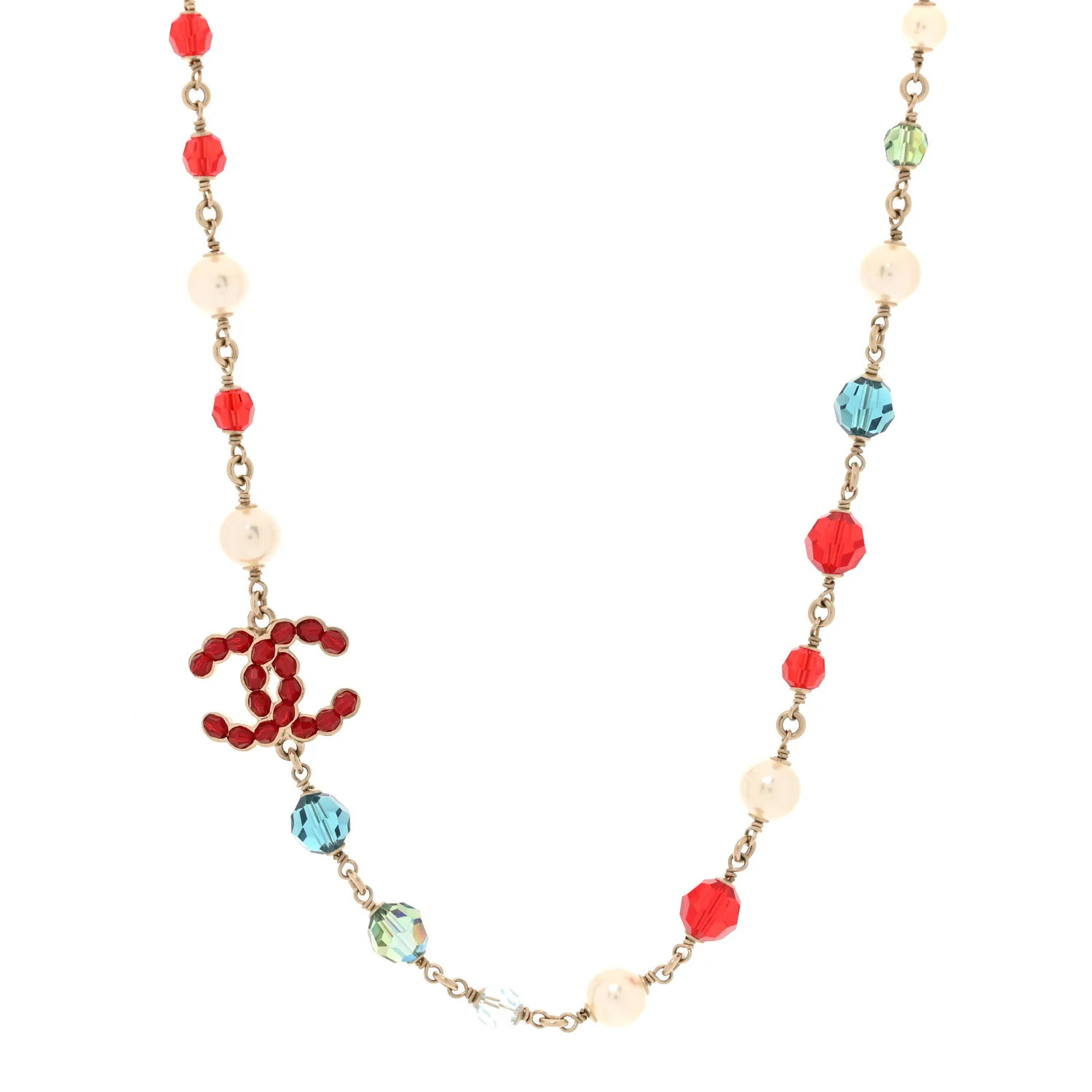 Pearl Beaded Crystal CC Necklace Gold Multicolor | FASHIONPHILE (US)