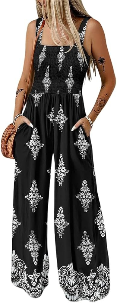 ChicMe Women's Casual Loose Overalls Jumpsuits Floral One Piece Square Neck Shirred Pants with Po... | Amazon (US)