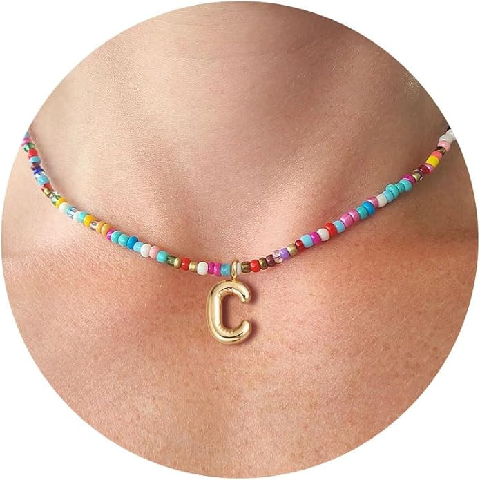 Amazon.com: VRIUA Colorful Initial Necklaces for Women – Bubble Letter C Necklace Handmade Bead... | Amazon (US)