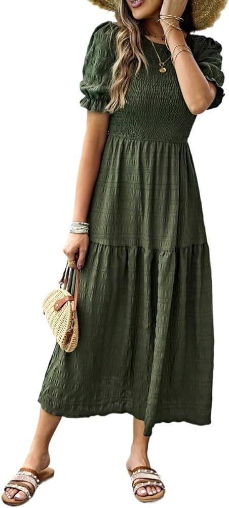 Wocrolse Women's Summer Casual Dresses 2024 High Waist Round Neck Puff Sleeve Ruffle Hem Dress | Amazon (US)