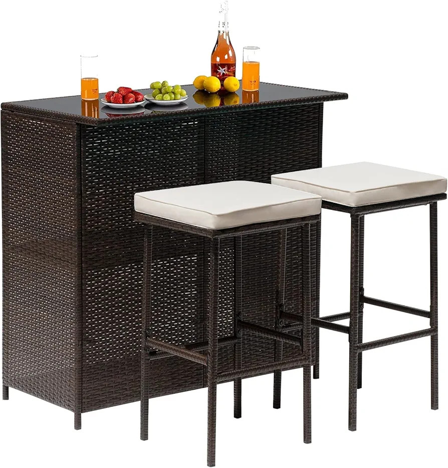 FDW Wicker Patio Furniture 3 Piece Patio Bar Table Set Chairs Wicker Outdoor Rattan Bistro Set Gl... | Amazon (US)