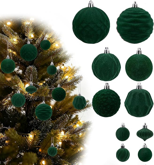Christmas Ornaments Dark Green Velvet Christmas Ball,20Pcs Elegant Flocked Xmas Shatterproof Ball... | Amazon (US)