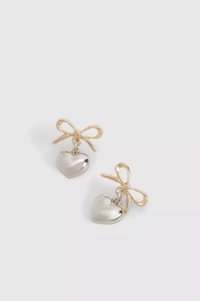 Mixed Metal Bow & Heart Drop Earrings | boohoo (US & Canada)