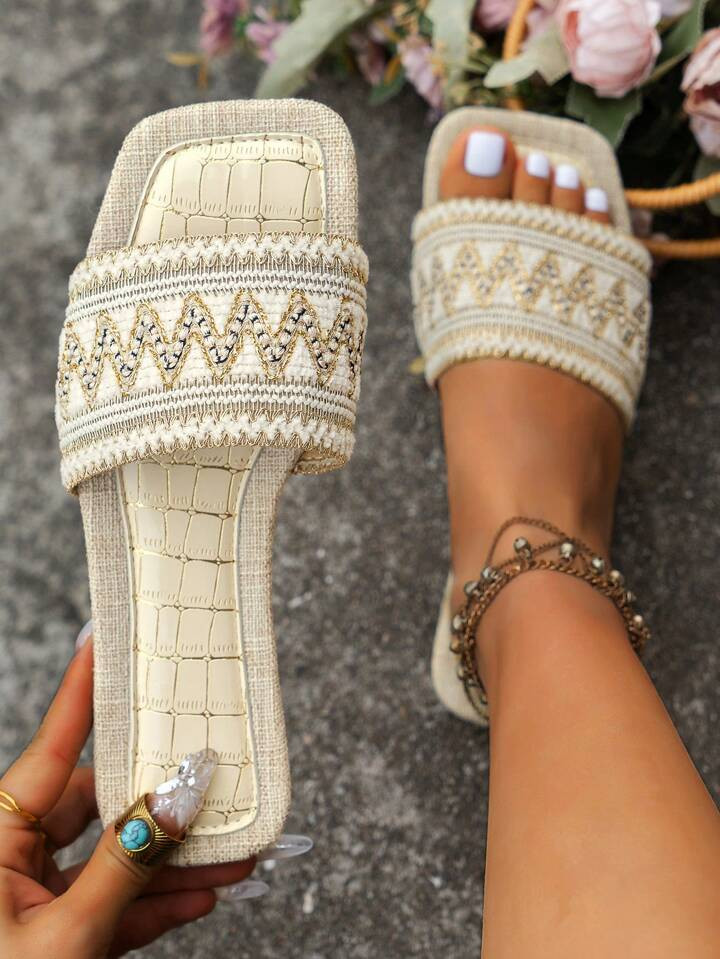 Women's Summer Flat Sandals, Colorful Embroidered Slippers For Party/Beach | SHEIN