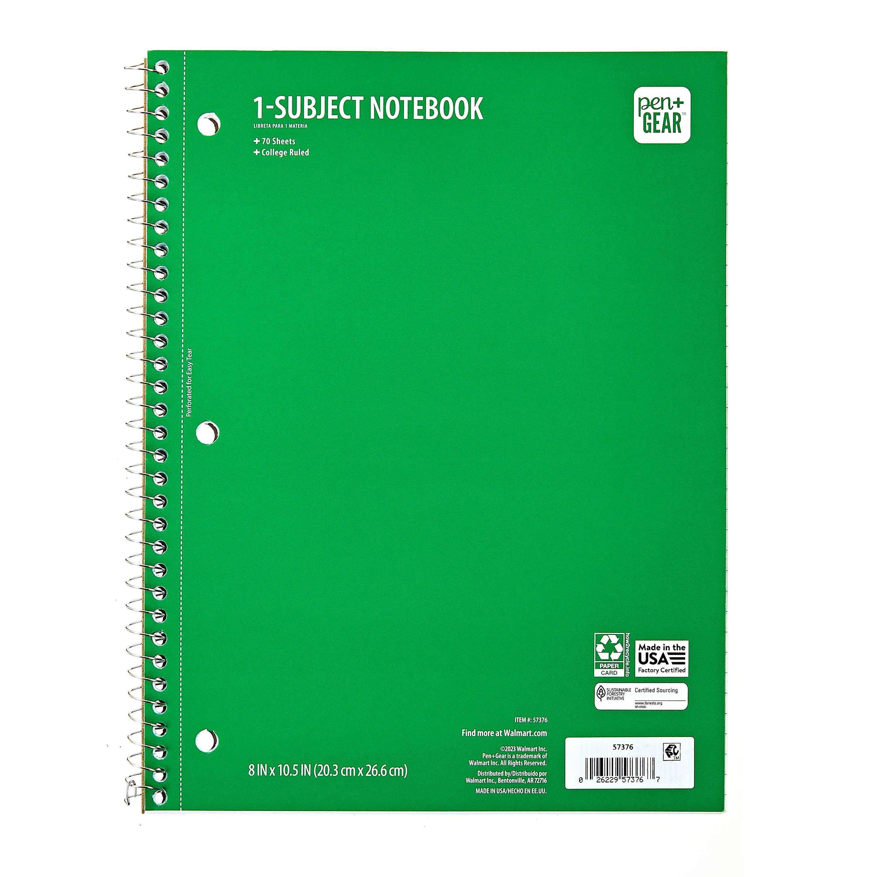 Pen + Gear College Ruled 1-Subject Notebook, 8" x 10.5", Green, 70 Sheets | Walmart (US)