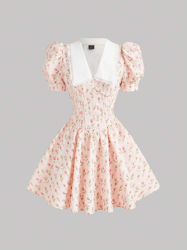 SHEIN MOD Ditsy Floral Collared Gigot Sleeve Bodice Mini Dress,Summer /Summer Outfits For Women,Western Wear Women,Boho Women Clothing,Brunch Outfits For Women,Tea Party Outfit,Summer Dresses For Women | SHEIN