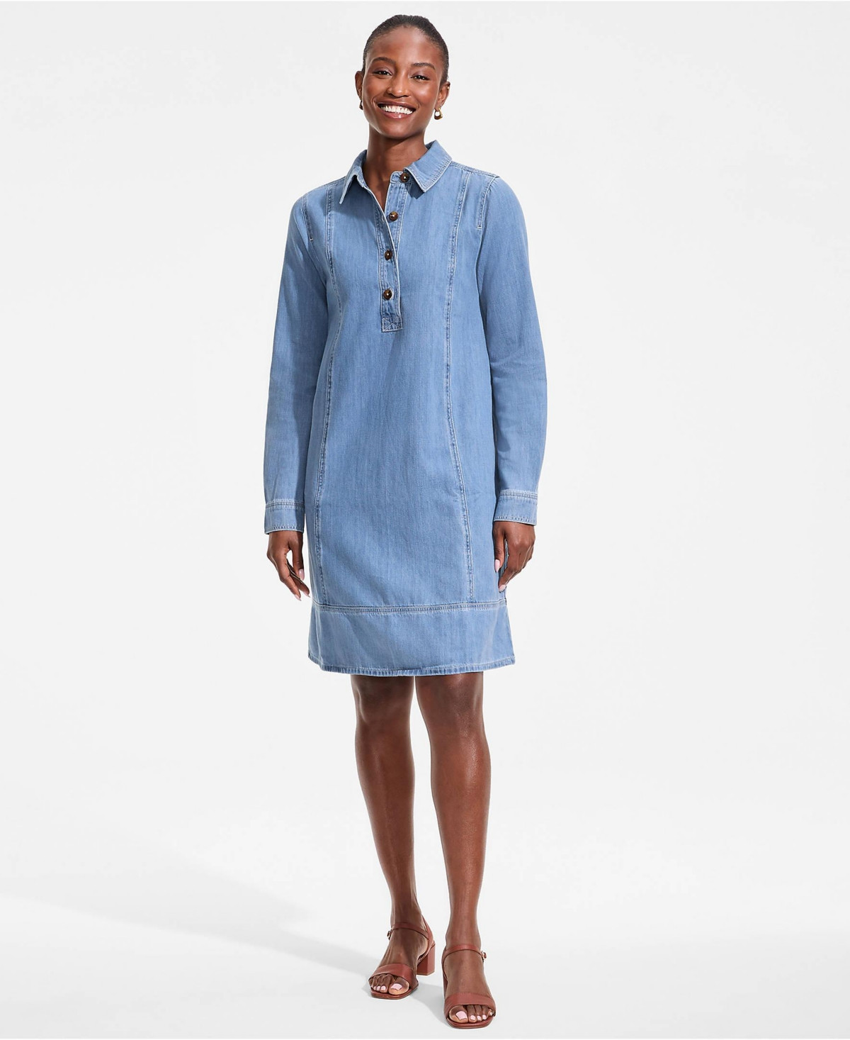Lands' End Women's Light Weight Denim Popover At the Knee Dress - Spring blue wash | Macy's