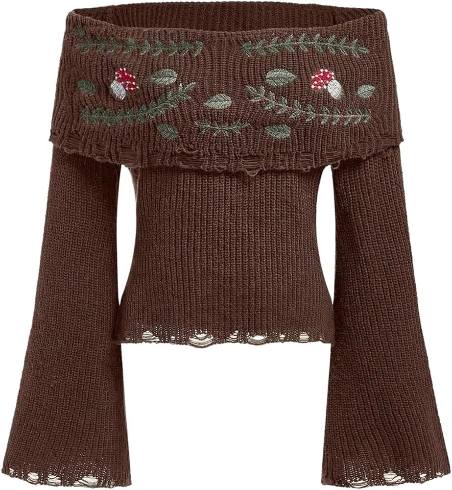 Women's Y2K Off The Shoulder Sweater Cottage Core Vintage Sweater Distressed Long Bell Sleeve Mus... | Amazon (US)