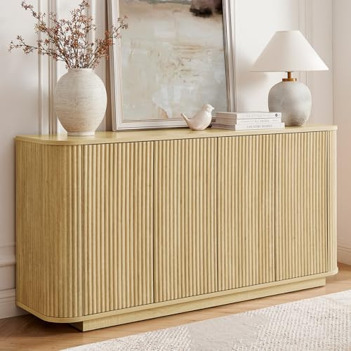 SZTHHDF 64" Sideboard Buffet Cabinet with Storage, Modern Fluted Accent Credenza with Adjustable Shelves, Wood Media Console Coffee Bar Table for Living Room Kitchen Dining Room, 31.5" H, Natural | Amazon (US)