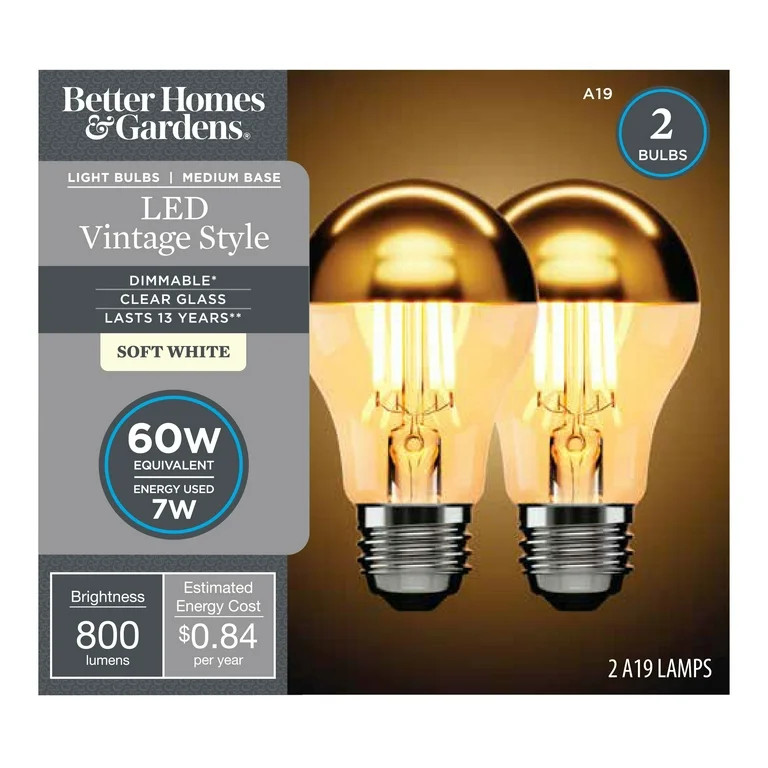 Better Homes & Gardens LED Gold Dipped Vintage LED Soft White Light Bulb, 40W, Dim, E26, 2 Pack | Walmart (US)