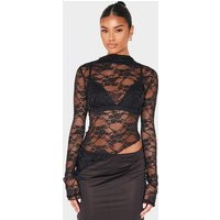 Black Lace High Neck Asymmetric Hem Long Sleeve Top, Black | PrettyLittleThing UK