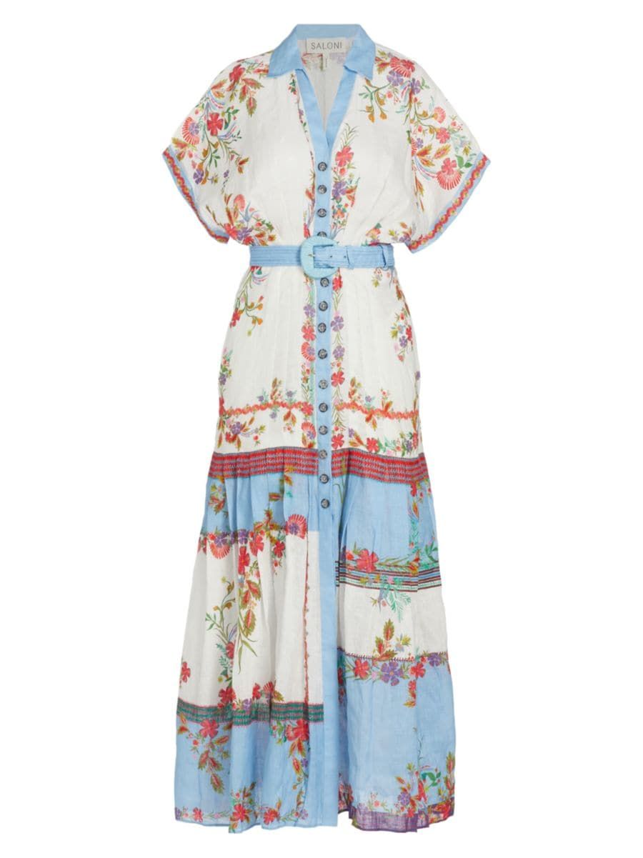 Shop Saloni Riya Belted Printed Linen Midi-Dress | Saks Fifth Avenue | Saks Fifth Avenue