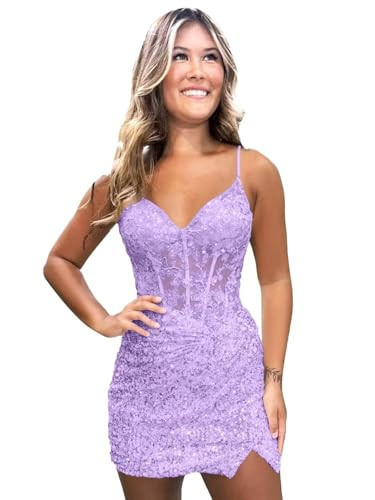 Homecoming Dresses Short Prom Dress for Women Sequin Sparkly HOCO Dress Tight Dusty Purple Formal Gowns with Slit US14 | Amazon (US)