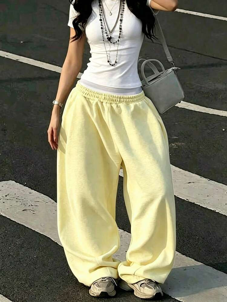 SuriyaCove Women's Casual Streetwear Elastic Waist Loose Wide Leg Sweatpants | SHEIN