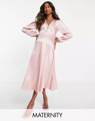 Flounce London Maternity buttoned midi dress in blush pink | ASOS (Global)