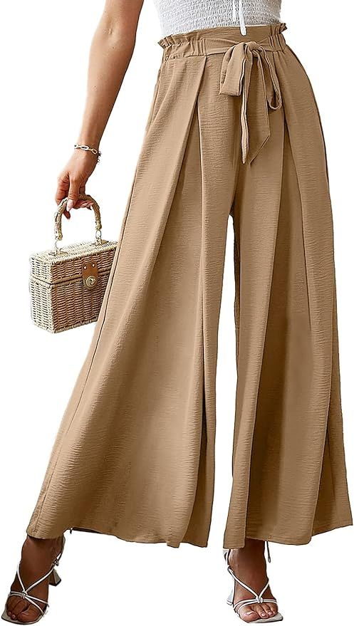 Simplee Women's Elegant Striped Split High Waisted Belted Flowy Wide Leg Pants with Pockets | Amazon (US)