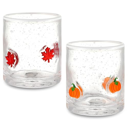 Mimorou 2 Pcs Thanksgiving Fall Icon Juice Glass 14 Ounce Pumpkin Maple Leaf Themed Drinking Cocktails Glasses for Party, Autumn Cute Double Old Fashioned Reusable Cups for Home Bar Decor Gifts | Amazon (US)