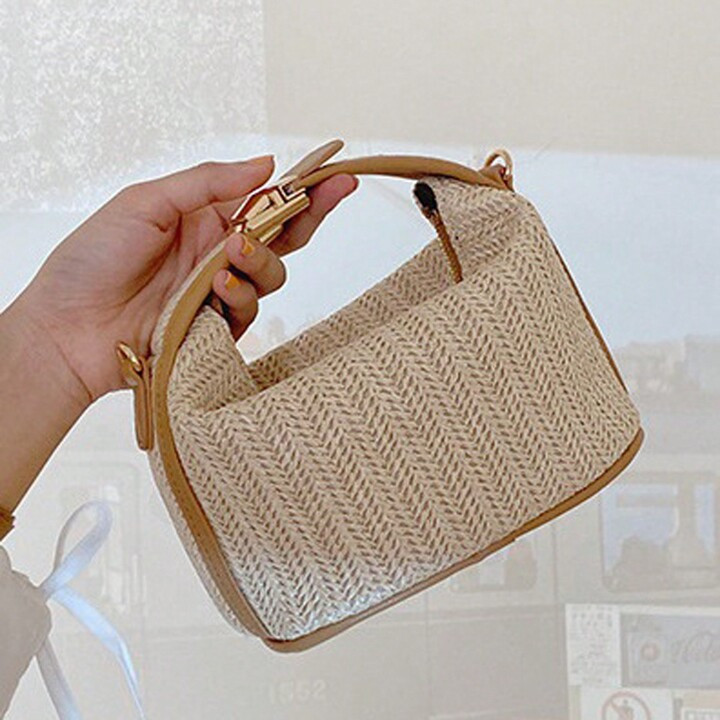 Bolso De Cubo De Paja De Vacaciones Tejido A Mano, Moda Bolso De Almacenamiento Portátil De Viaj... | SHEIN