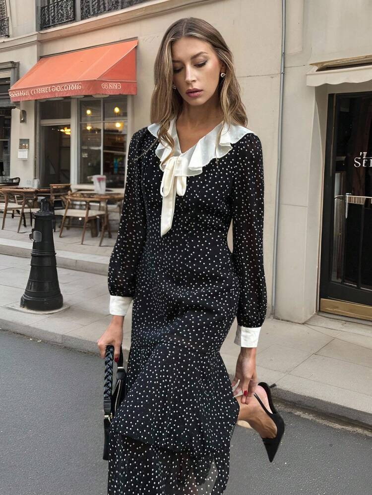LocalPariaura Polka Dot Print Ruffle Hem Elegant Long Sleeve Dress | SHEIN