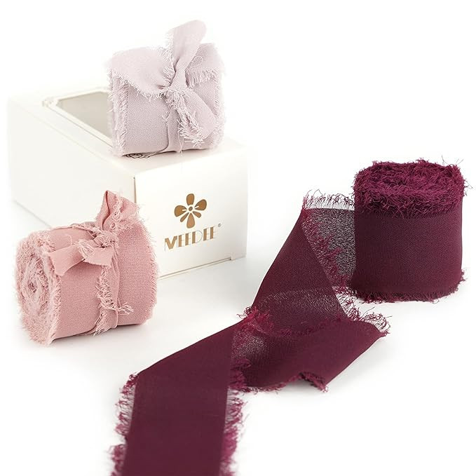 MEEDEE Chiffon Ribbon Handmade Fringe Silk Ribbon 1.5" x 6 Yards Dusty Blush Pink Burgundy Chiffo... | Amazon (US)