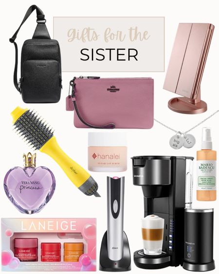 Perfect gift ideas for your sister include, lighted makeup mirror, coach wristlet, sister necklace, rose water facial spray, keurig coffee machine, electric wine bottle opener, LANEIGE 2022 Holiday Gift Set, Vera Wang perfume, drybar hair drying brush, cross body purse, and lip scrub.

Gift guide, gift idea, sister gifts, Christmas gifts, gifts for your sister, gifts for her

#LTKunder100 #LTKstyletip #LTKGiftGuide