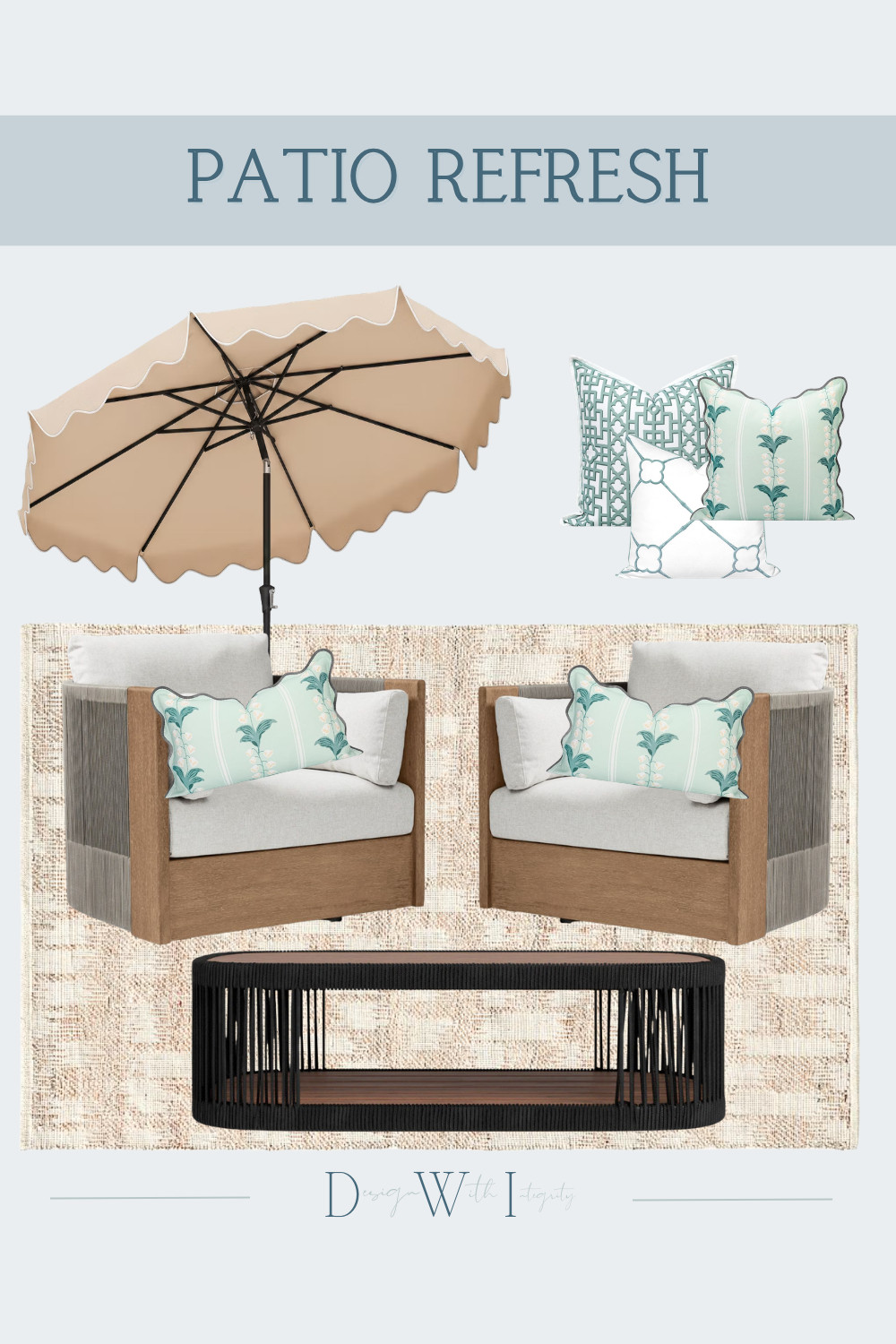 A patio refresh that proves outdoor spaces can feel just as thoughtfully layered as the rooms inside your home. Soft sage and aqua pillows bring a fresh botanical touch to this warm neutral palette, while the mix of geometric and floral patterns keeps the pairing interesting without feeling busy.

I love how the natural wood tones, woven details, neutral rug, and scalloped umbrella create a relaxed foundation for the patterned pillows to shine. The black woven coffee table adds just enough contrast to ground the softer colors and give the space a more tailored finish.

Tap through to shop the outdoor pillows and patio selections and recreate this look at home.

#OutdoorLiving #OutdoorPillows #PatioDecor #PatioInspiration #OutdoorDecor #PatioRefresh #OutdoorFurniture #DesignerFinds 

 #LTKSeasonal #LTKHome
