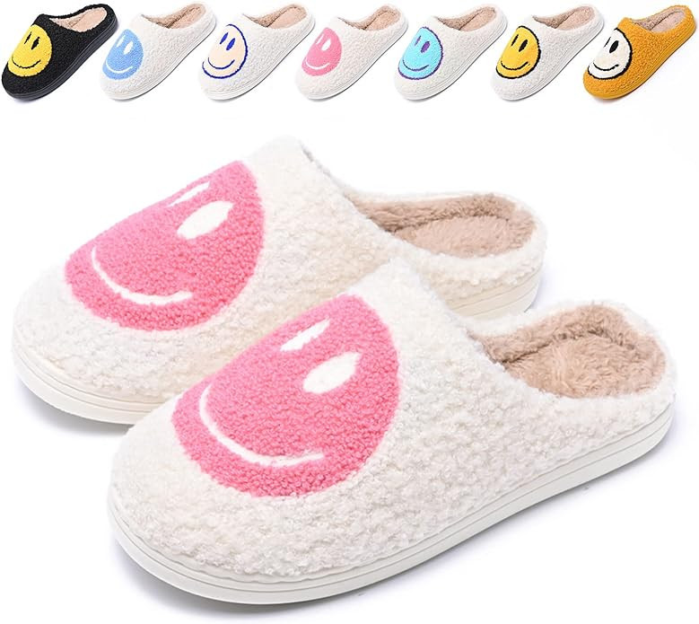 Cute Smile Face Slippers for Women and Men,Soft Plush Comfy Warm Couple Slip-On House Happy Face ... | Amazon (US)