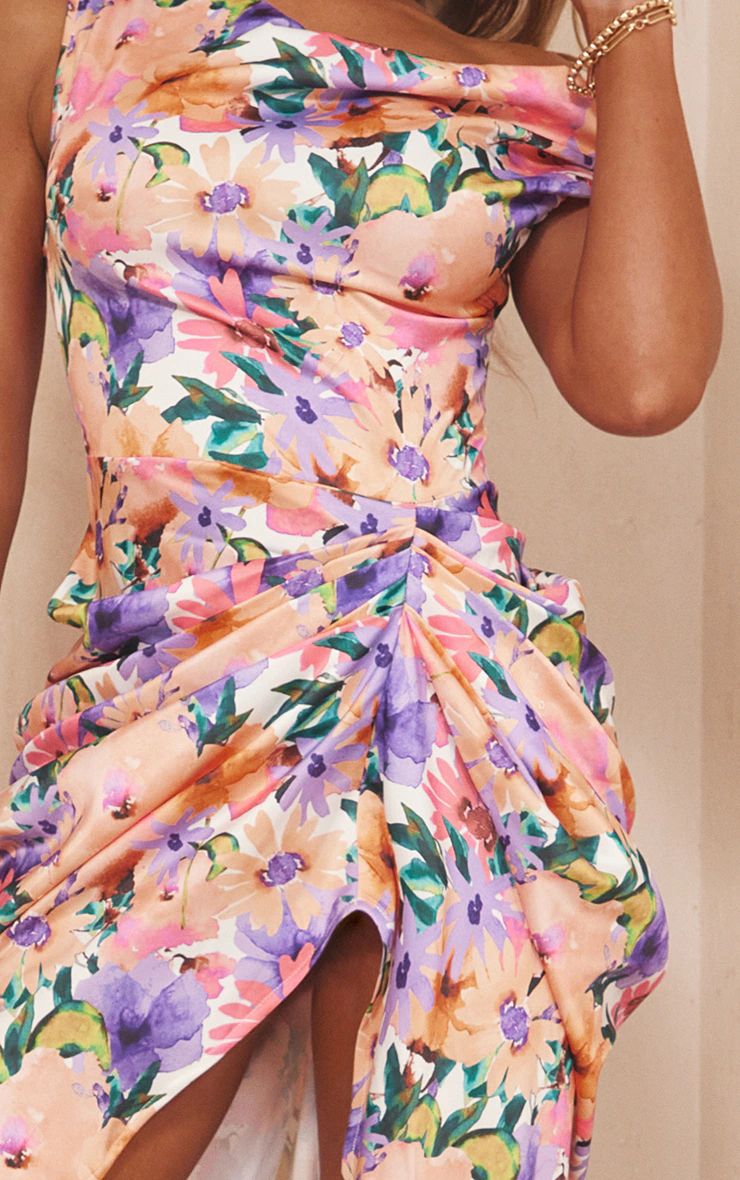 Multi Floral Print Satin Off The Shoulder Draped Skirt Midi Dress | PrettyLittleThing UK
