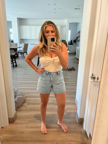 Comfy spring time mom
Approved outfit

A&F dad shorts true to size. Wearing curve love 
Amazon tube top if in between size down