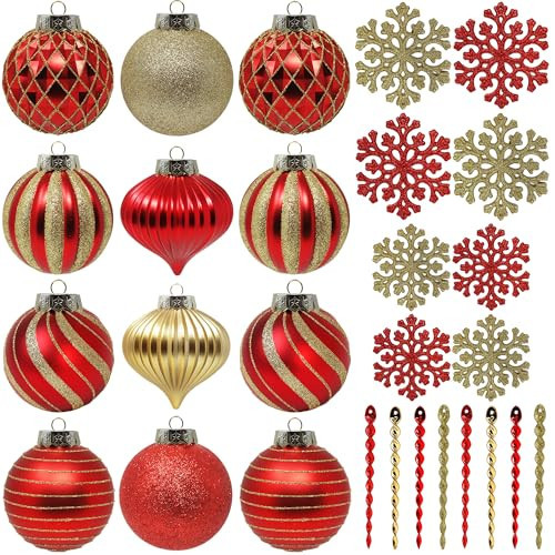 SLEETLY 28pk Red Gold Christmas Ball Ornaments for Tree Decorations - Holiday Xmas Shatterproof Plastic Balls, Icicles and Snowflakes Ornament Set | Amazon (US)