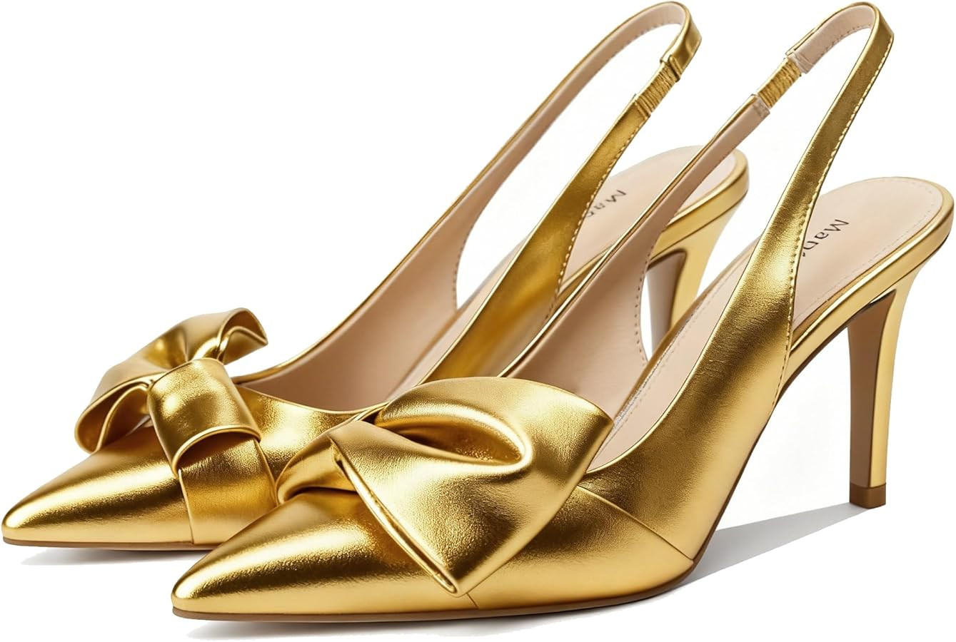 Women's Slingback Heels with Bow Pointed Toe Pumps with Elasticated Strap 3.3" High Heels for Eve... | Amazon (US)