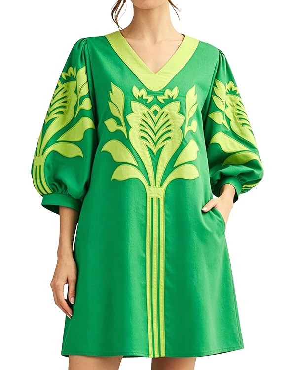 InterNos Women's Summer Applique Floral Mini Dress V Neck 3/4 Puff Sleeve Casual Shift Dress with... | Amazon (US)
