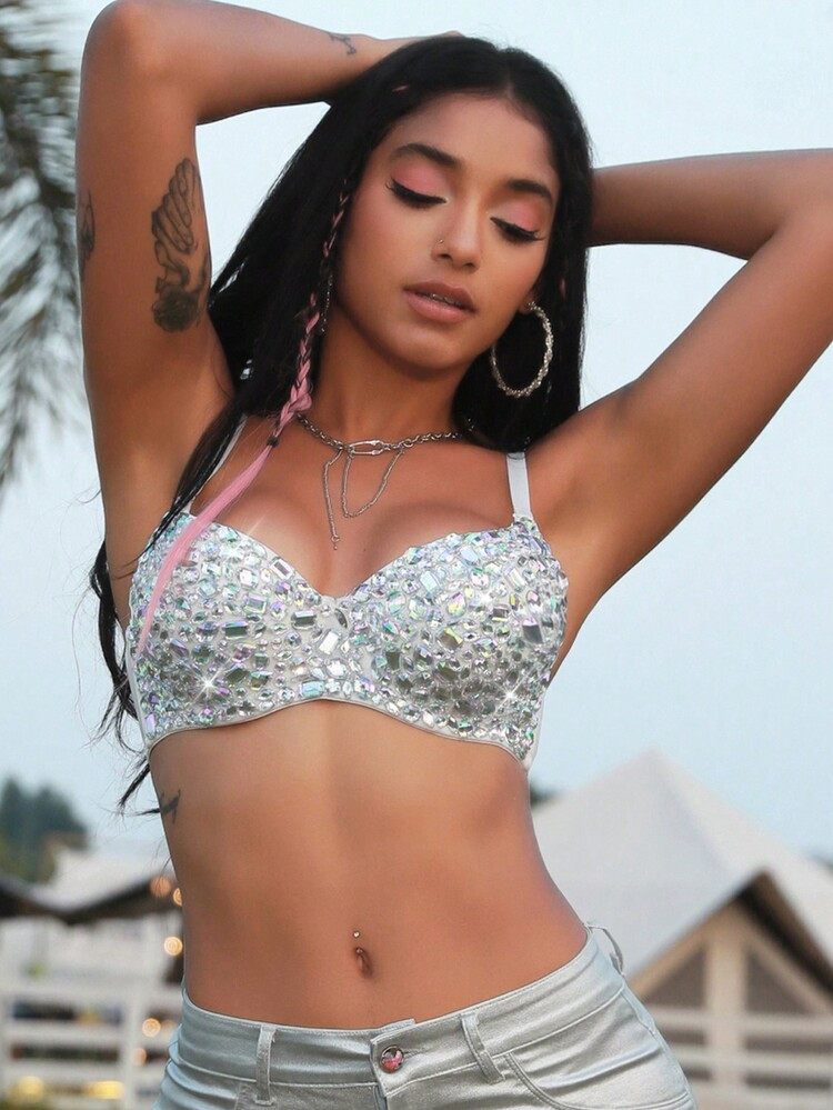 Apperloth A Rave Festival Sparkling Rhinestone Decor Backless Adjustable Strap Bustier Corset Clubwear Super Crop Cami Top Music Festival Casual White | SHEIN