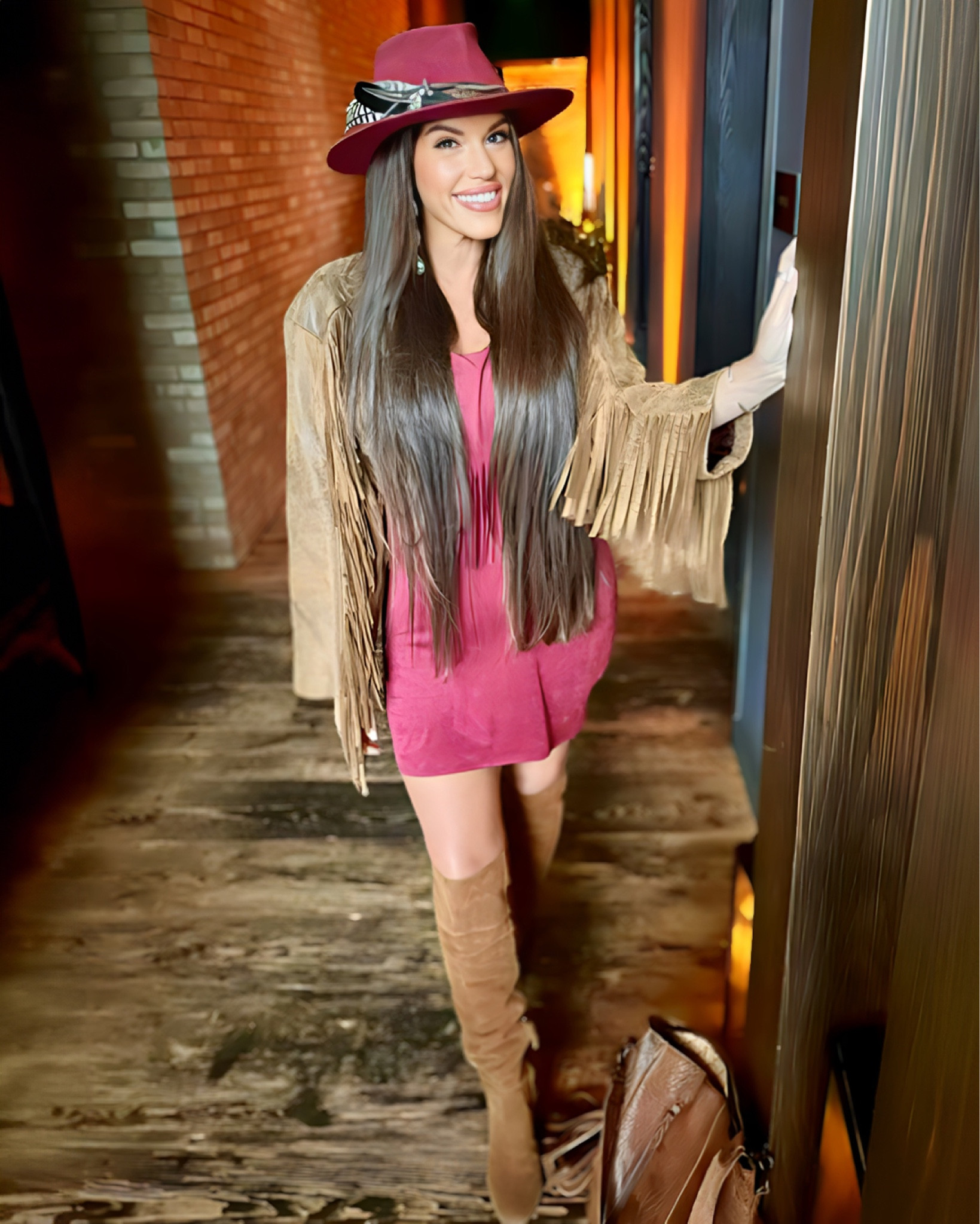 This western brown leather shingle jacket and maroon mini dress, both in size medium, create a cool combo! ✨ And once again, my hat is from Huck Hats. 🪶 But you can also get an affordable look here! 

#LTKfindsunder50 #LTKstyletip #LTKSeasonal