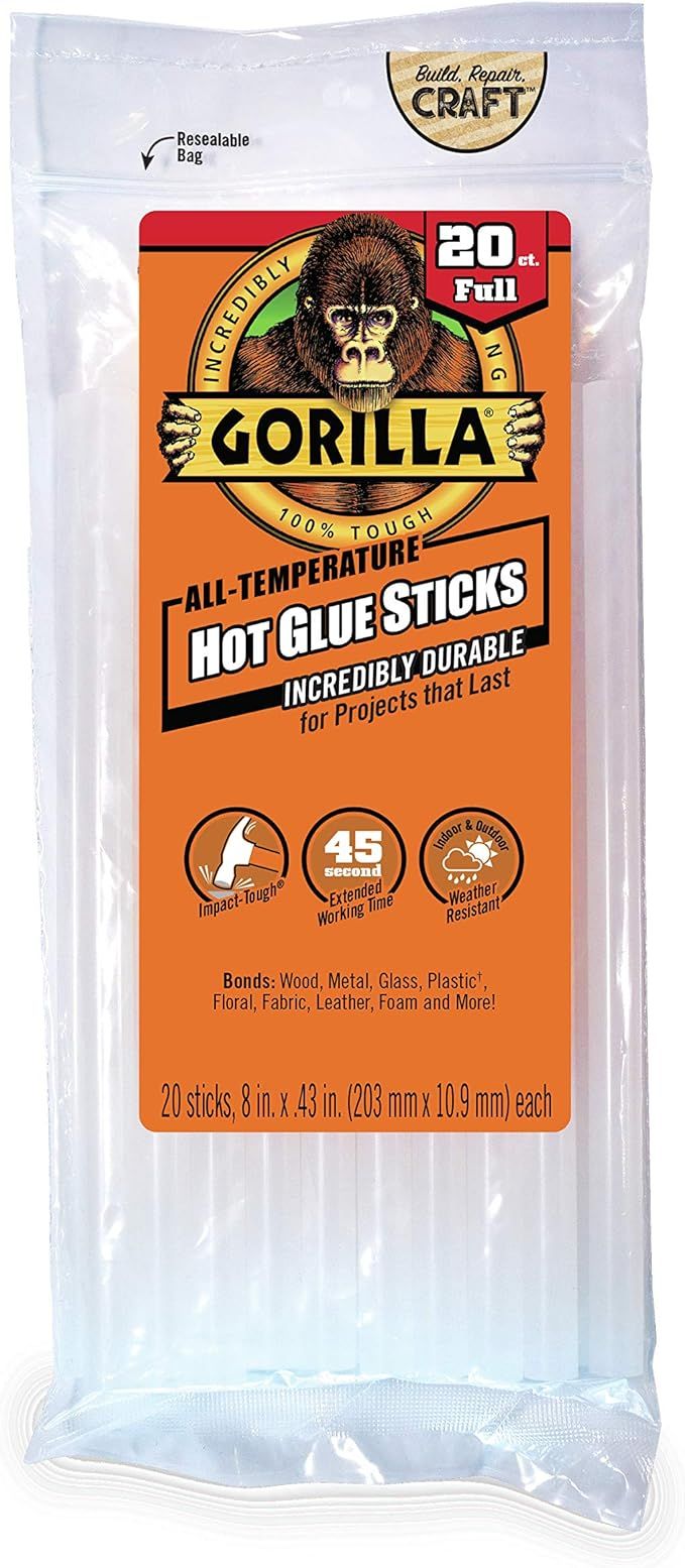 Gorilla Hot Glue Sticks, Full Size, 8" Long x .43" Diameter, 20 Count, Clear, (Pack of 1) | Amazon (US)