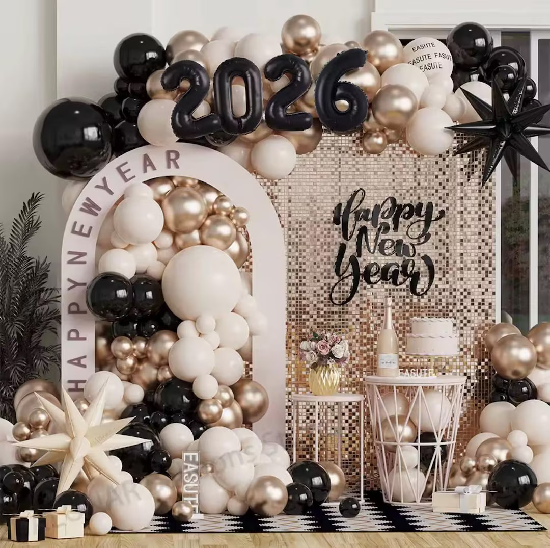 Black, Cream & Gold 2026 New Year's Eve Balloon Garland Kit - Etsy | Etsy (US)