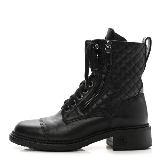 CHANEL Calfskin Quilted Lace Up Combat Boots 36.5 Black | Fashionphile