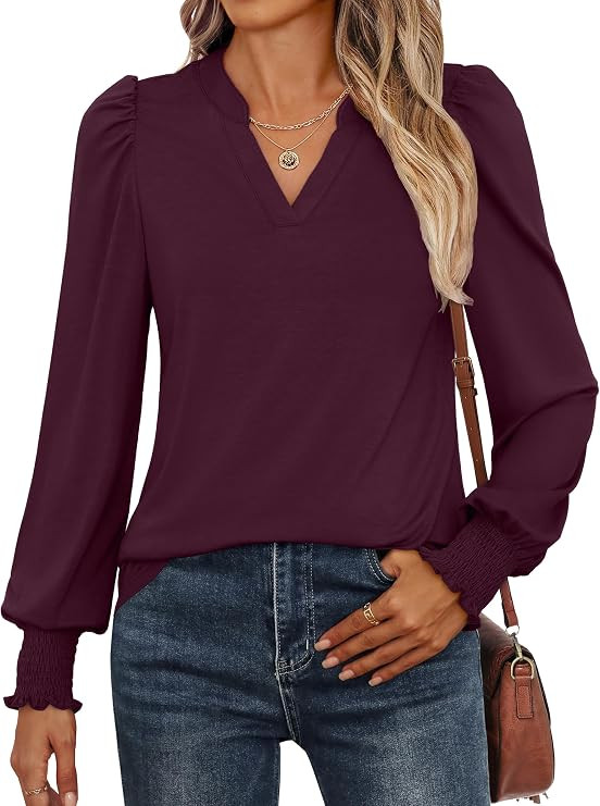 ANRABESS Women's Puff Long Sleeve Shirts V Neck Loose T-Shirts Dressy Casual Work Blouses 2026 Fa... | Amazon (US)