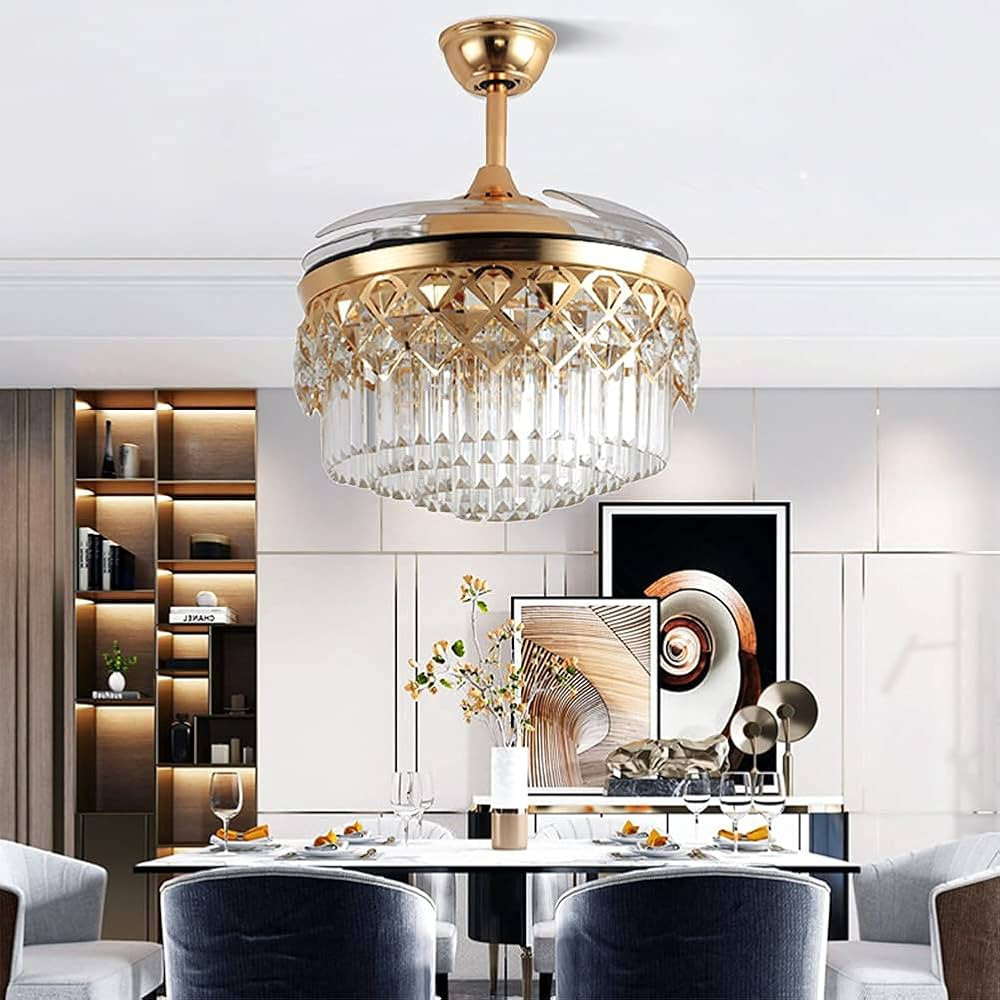 Fandian 42in Modern Fandelier Crystal Ceiling Fan with Lights Remote Control Chandelier, Gold Ret... | Amazon (US)