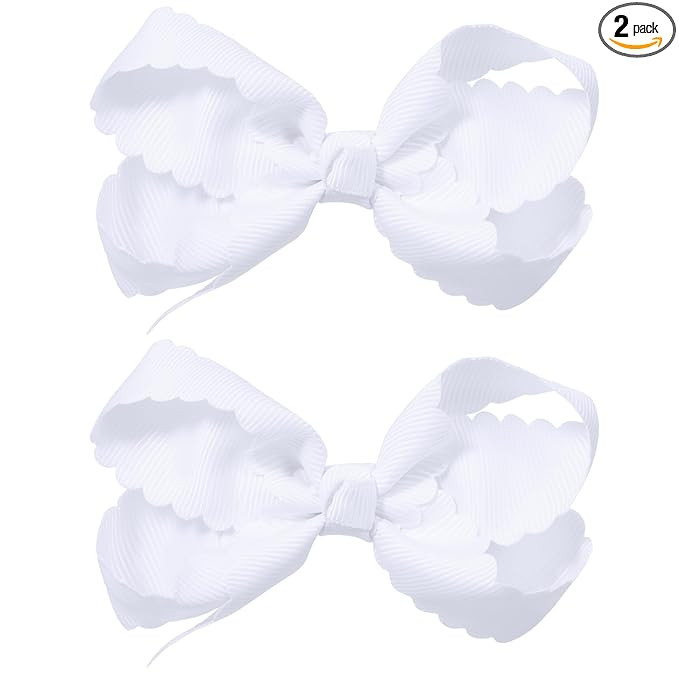 White Grosgrain Ribbon Hair Bows with Scalloped Edge For Girls,2pcs 3" Small Dressy Bow Alligator... | Amazon (US)