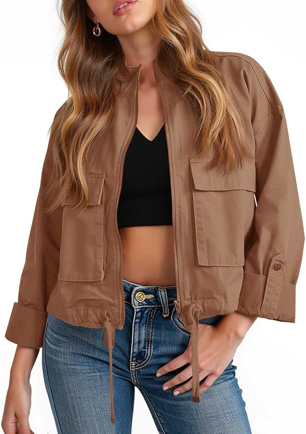 Tankaneo Womens Cropped Jackets Lightweight Military Safari Fall Coats | Casual, Zip Up, Long Sle... | Amazon (US)