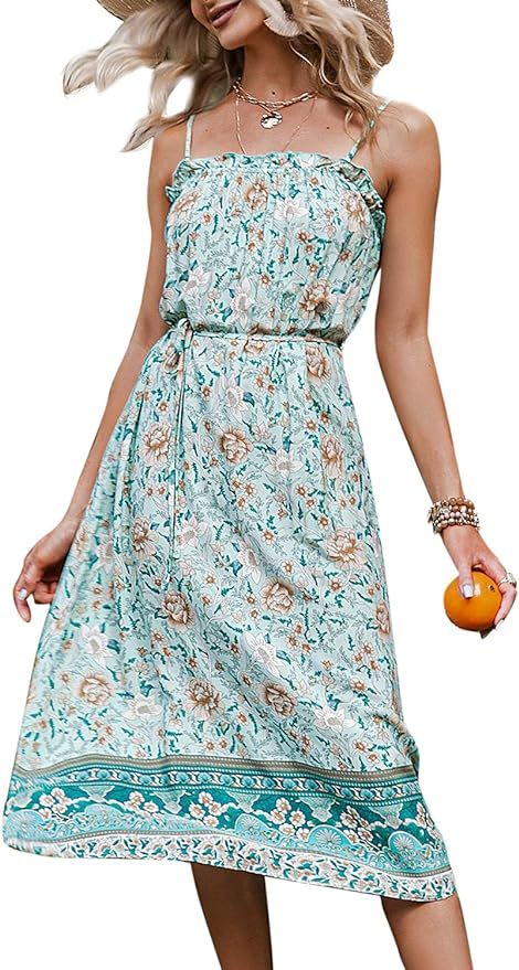 BerryGo Women's Boho Floral Backless Dress Spaghetti Strap Midi Dress | Amazon (US)