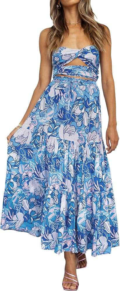 ZESICA Women's 2024 Bohemian Floral Printed Elastic Waist A Line Maxi Skirt with Pockets | Amazon (US)